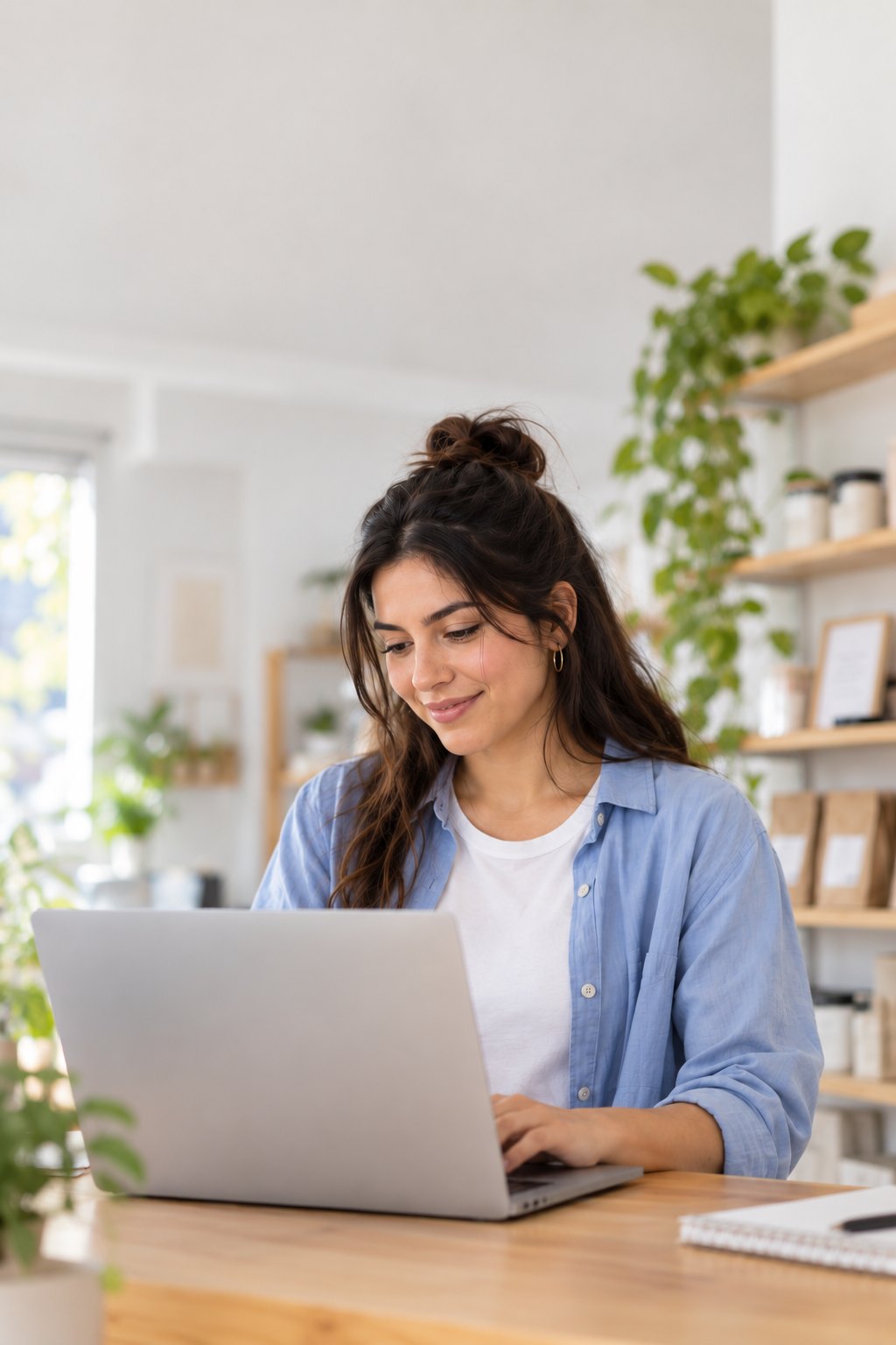 Dueña de un local atendiendo su negocio desde la notebook, en el mostrador
